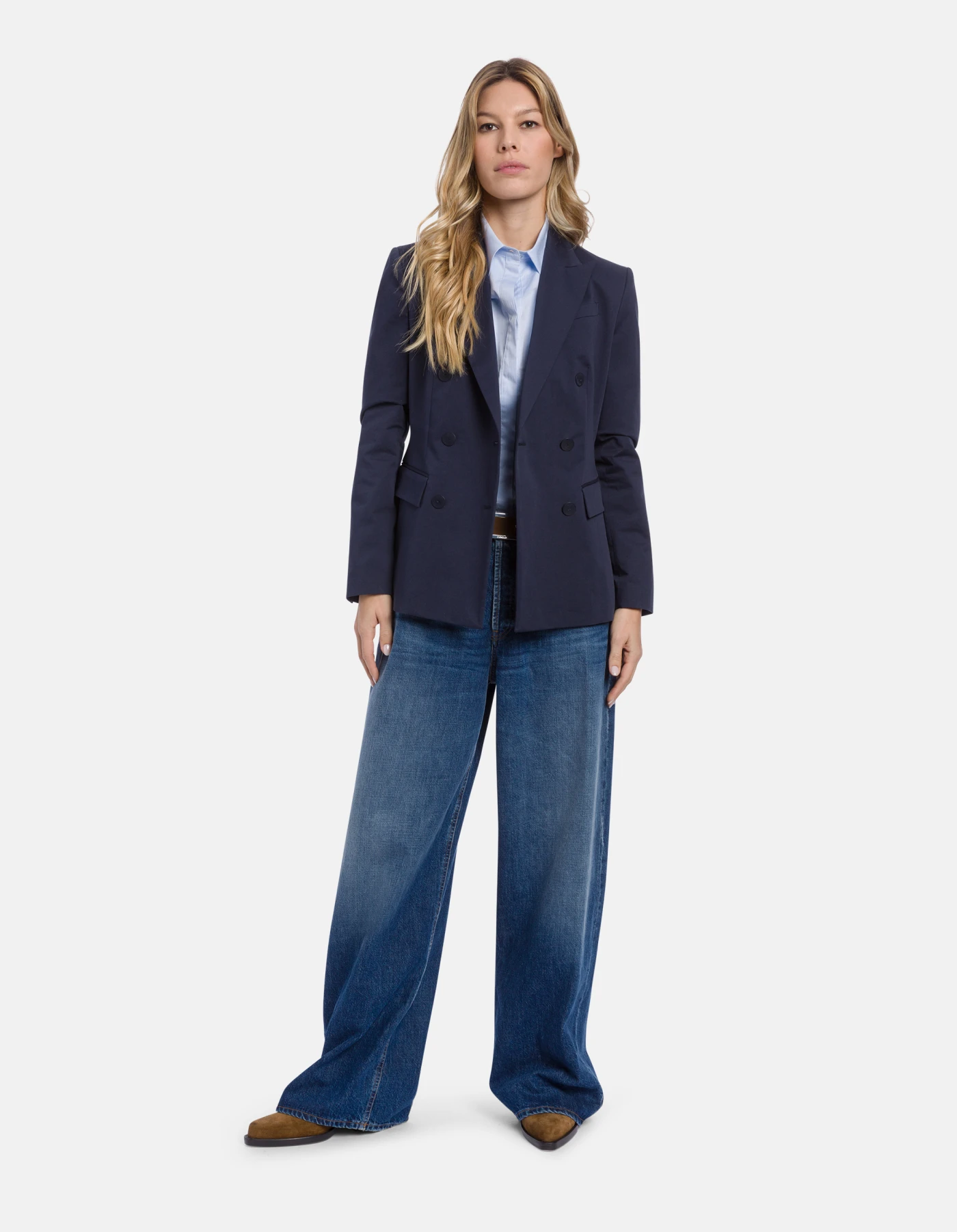 Slim-fit double-breasted blazer in cotton gabardine for women, blu