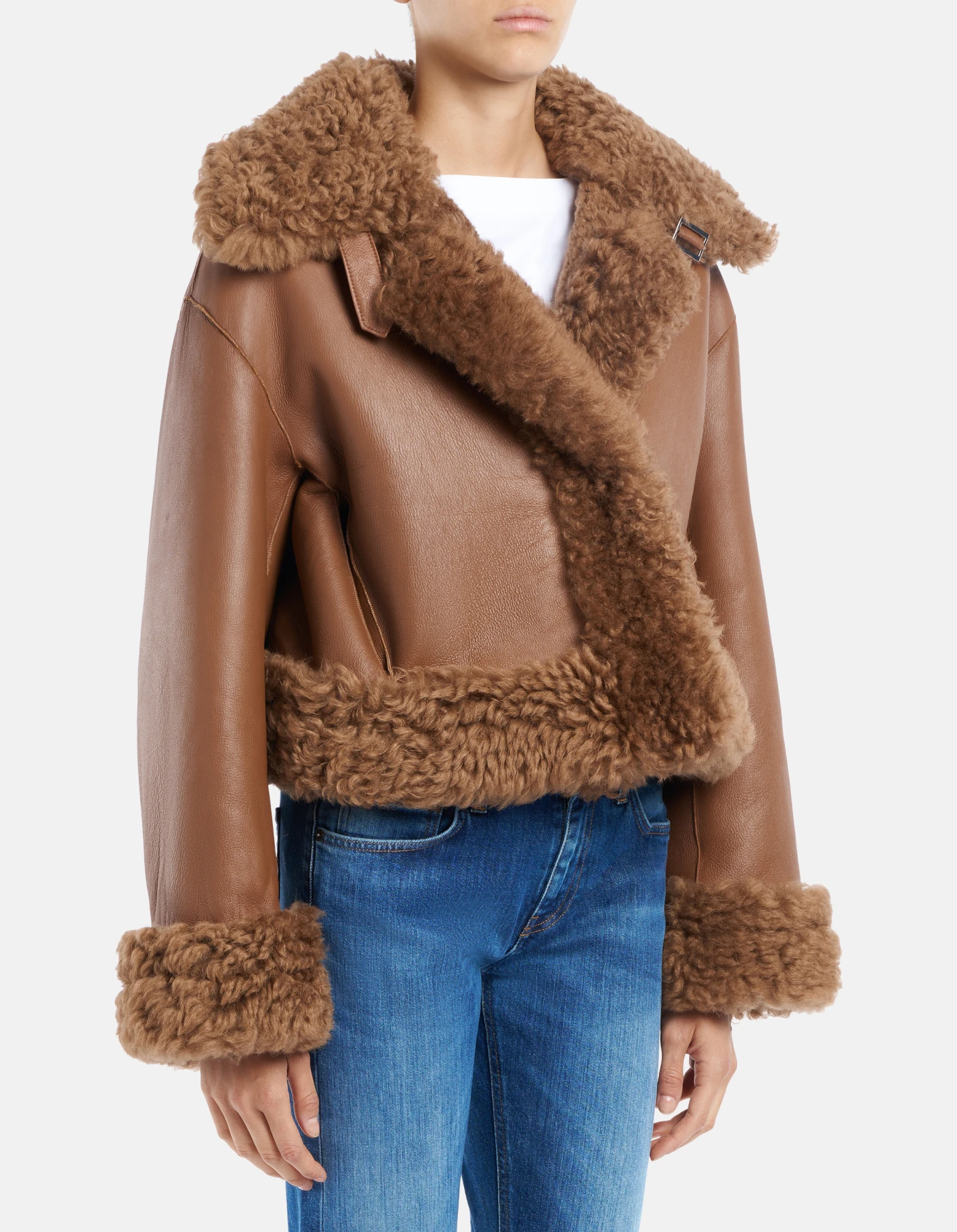 Cropped shearling jacket for women, caramel