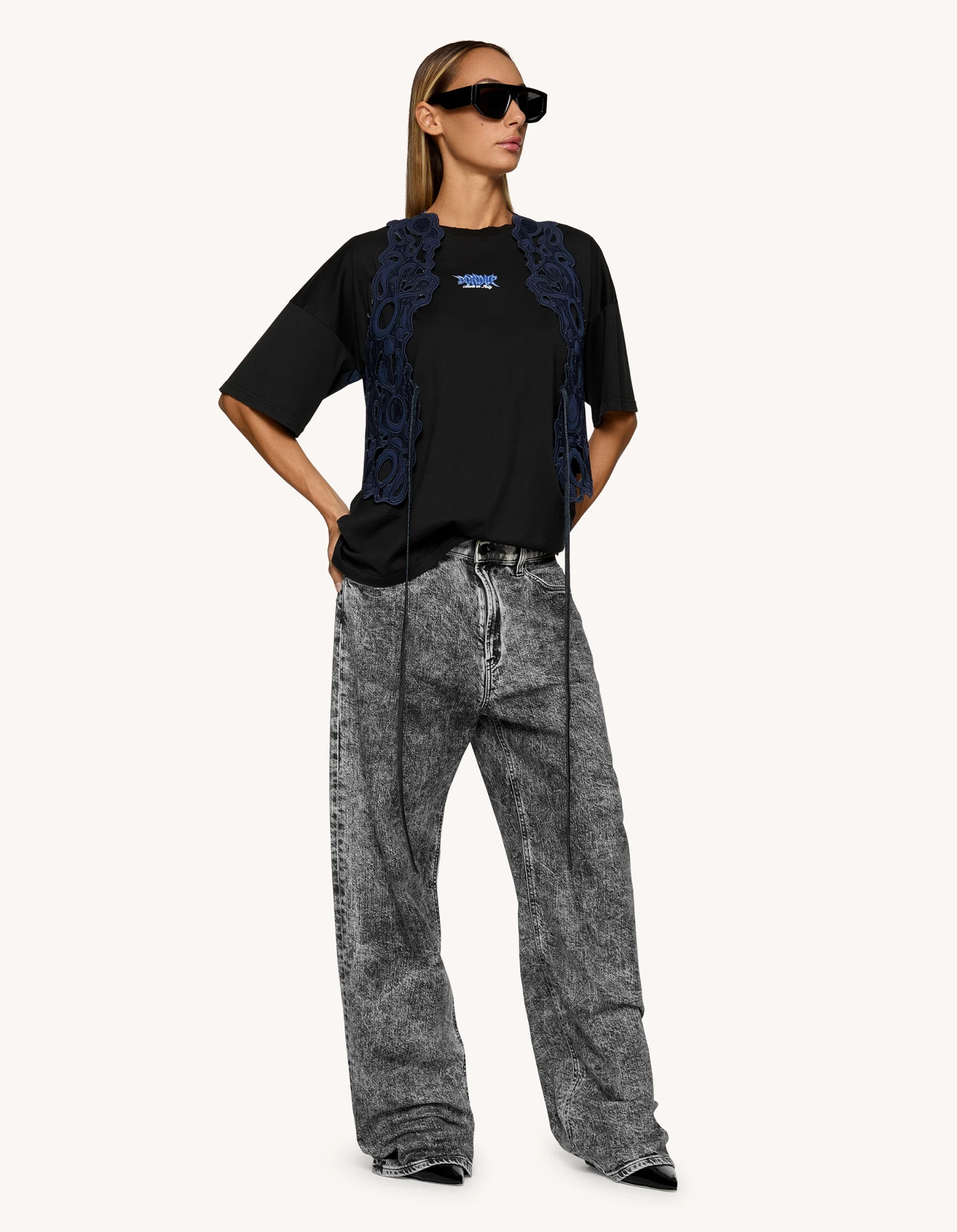 デニム・ジーパン DONDUP Woman Jeans Black DP775DF0276DIU7 999 Francine wide-leg jeans in recycled rigid denim for women