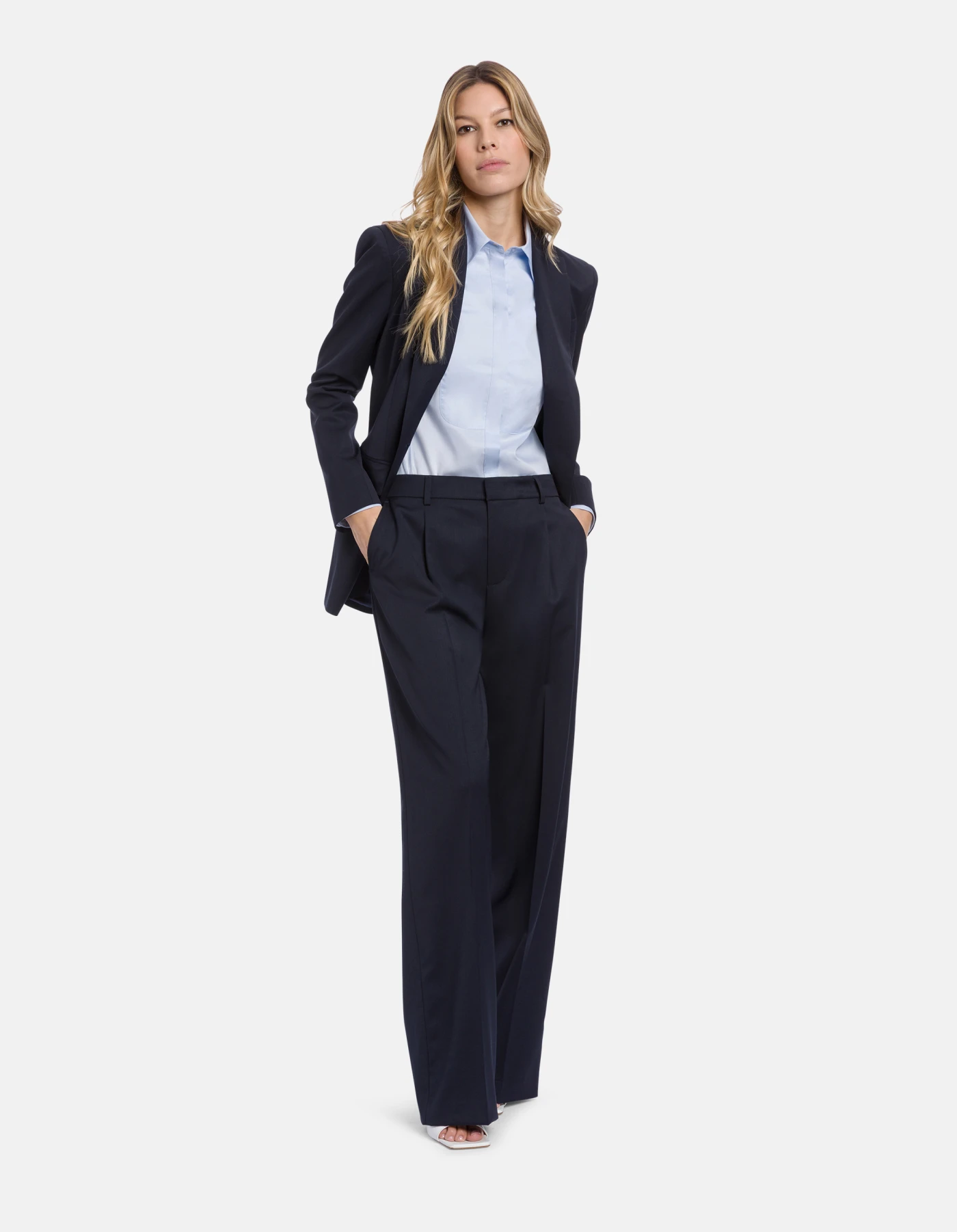 Lia wide-leg trousers in cool wool gabardine for women, navy blue