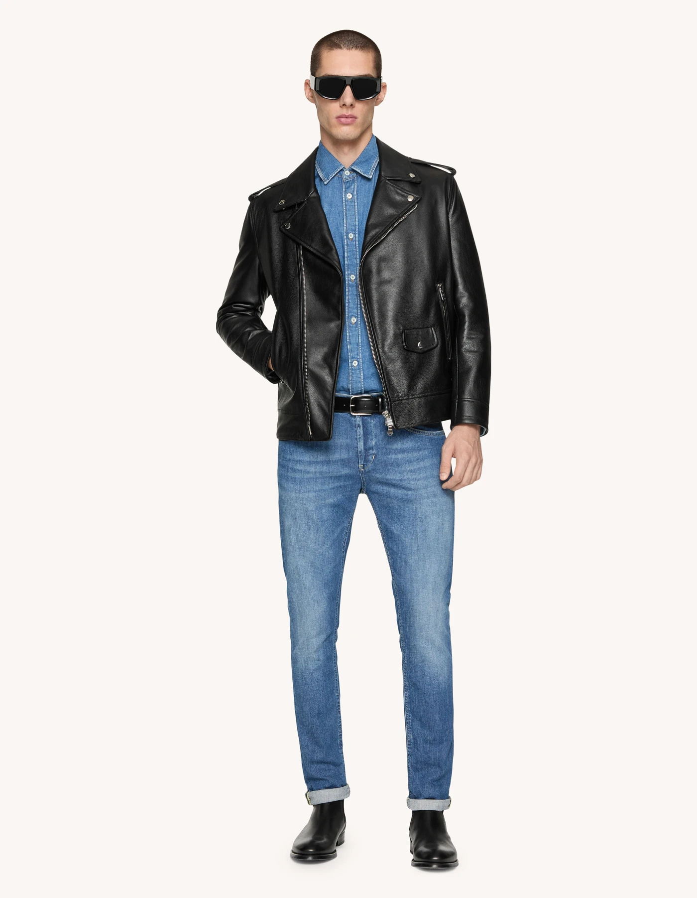 Regular-fit biker jacket in calfskin for men, black | Dondup