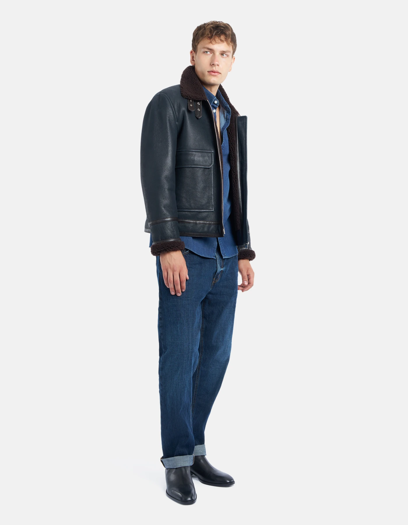 Regular-fit shearling jacket for men, navy blue