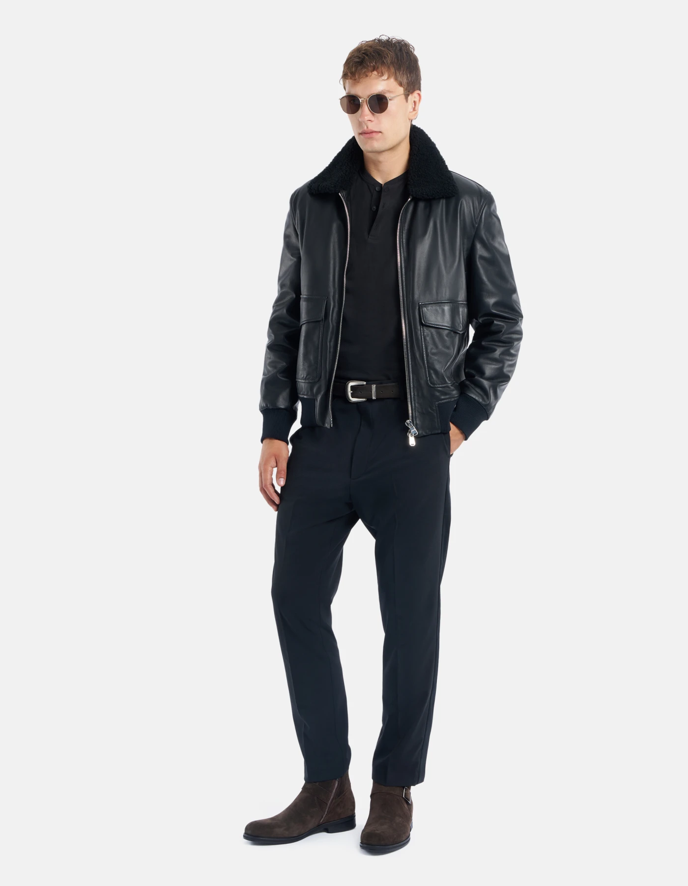 Regular-fit bomber jacket in nappa leather for men, black