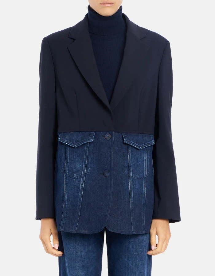 Oversized single-breasted blazer in denim and wool canvas