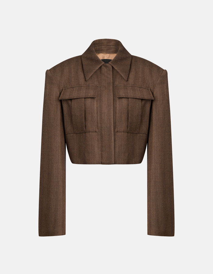 Cropped shirt jacket in wool herringbone