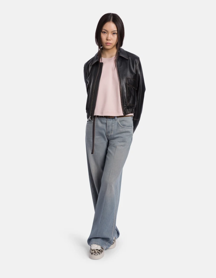 Cropped crew-neck T-shirt in treated jersey