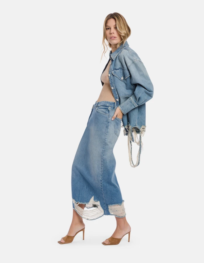 Rigid denim midi skirt