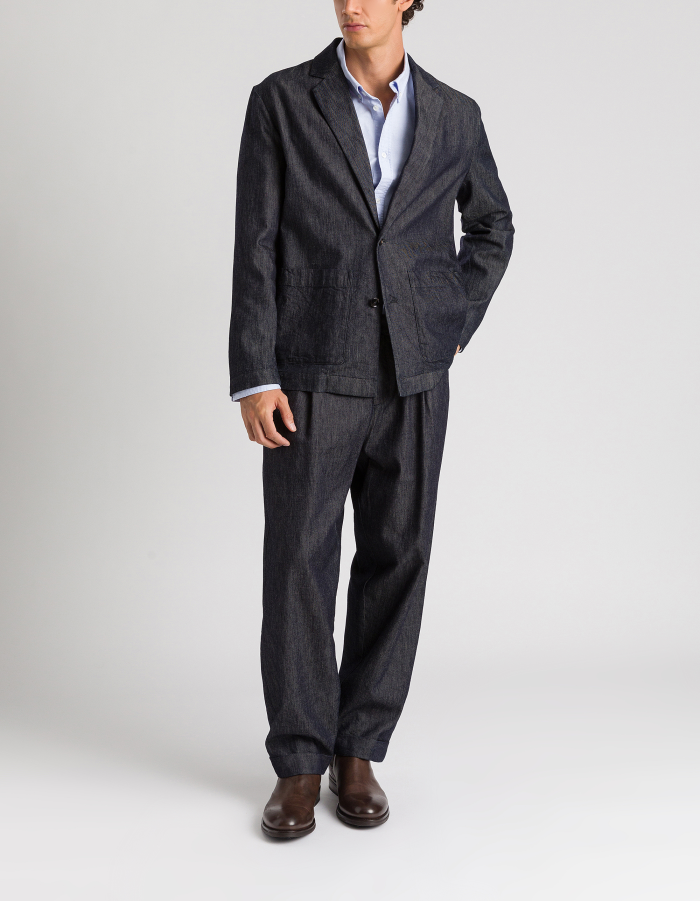 Regular-fit single-breasted blazer in rigid silk denim