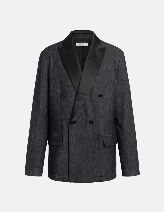 Regular-fit double-breasted blazer in rigid silk denim