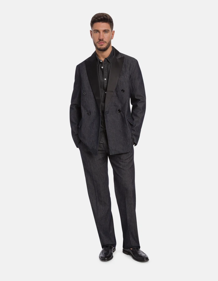 Regular-fit double-breasted blazer in rigid silk denim