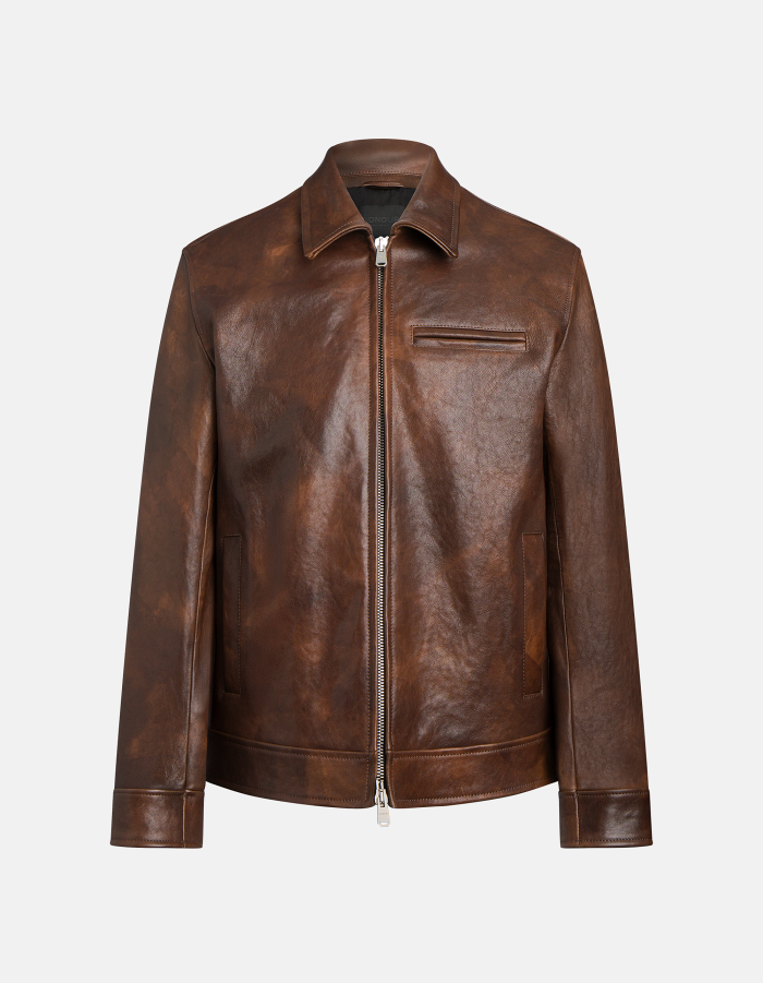 Regular-fit biker jacket in used-effect nappa leather
