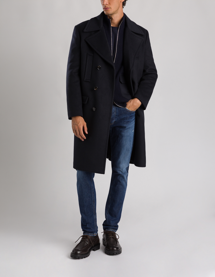 Double-breasted regular-fit coat in wool-blend velour
