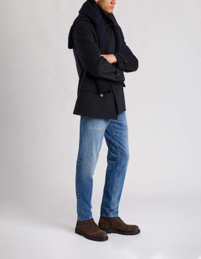 Double-breasted regular-fit peacoat in wool-blend velour