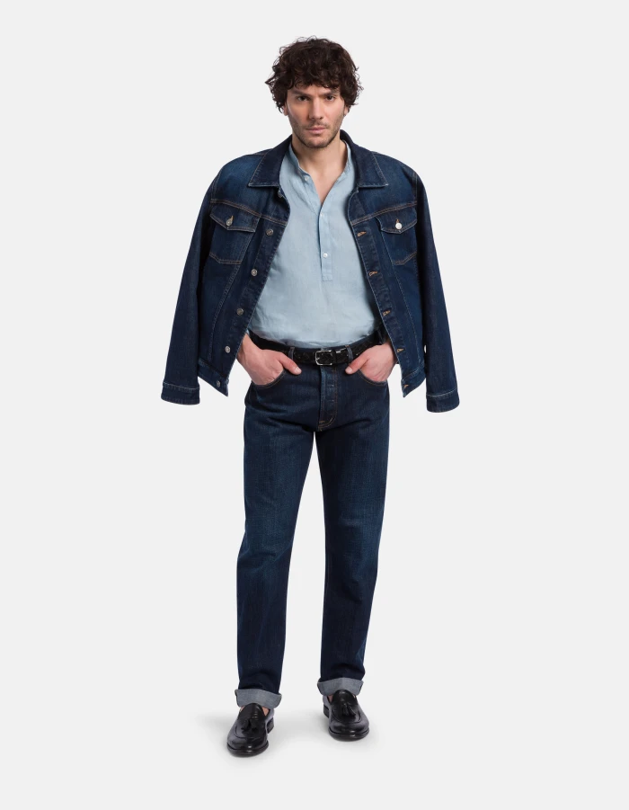 Linen shirt with mandarin collar, regular fit