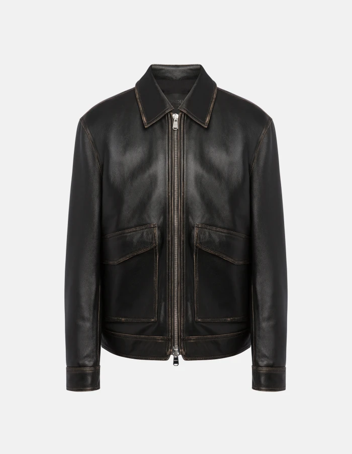 Regular-fit biker jacket in used-effect nappa leather
