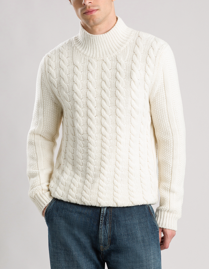 Regular-fit jumper with mock turtleneck in braided-knit wool