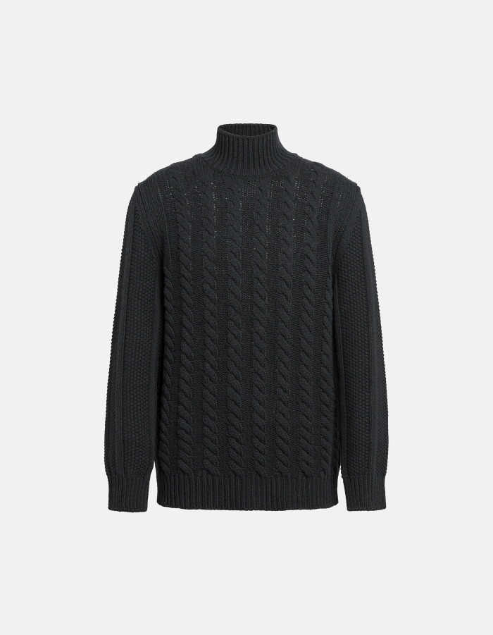 Regular-fit jumper with mock turtleneck in braided-knit wool