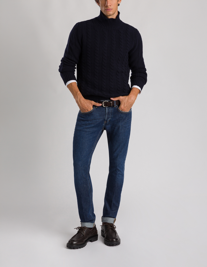 Regular-fit jumper with mock turtleneck in braided-knit wool