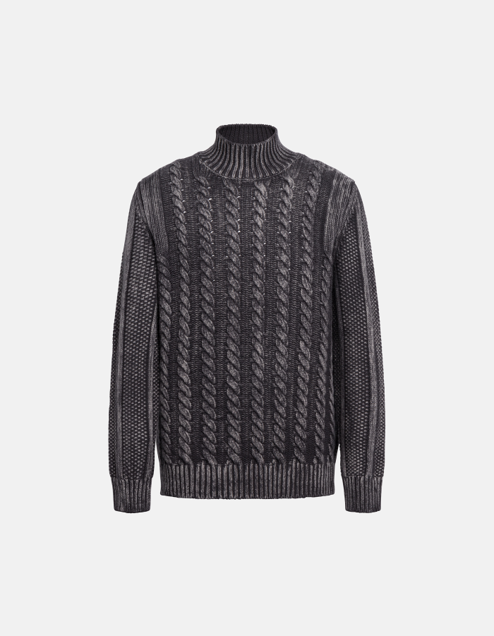 Regular-fit jumper with mock turtleneck in braided-knit wool
